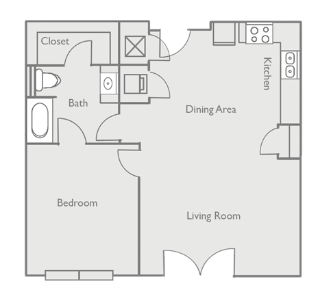 Floor plan for 1 bed, 1 bath, 940 sqft